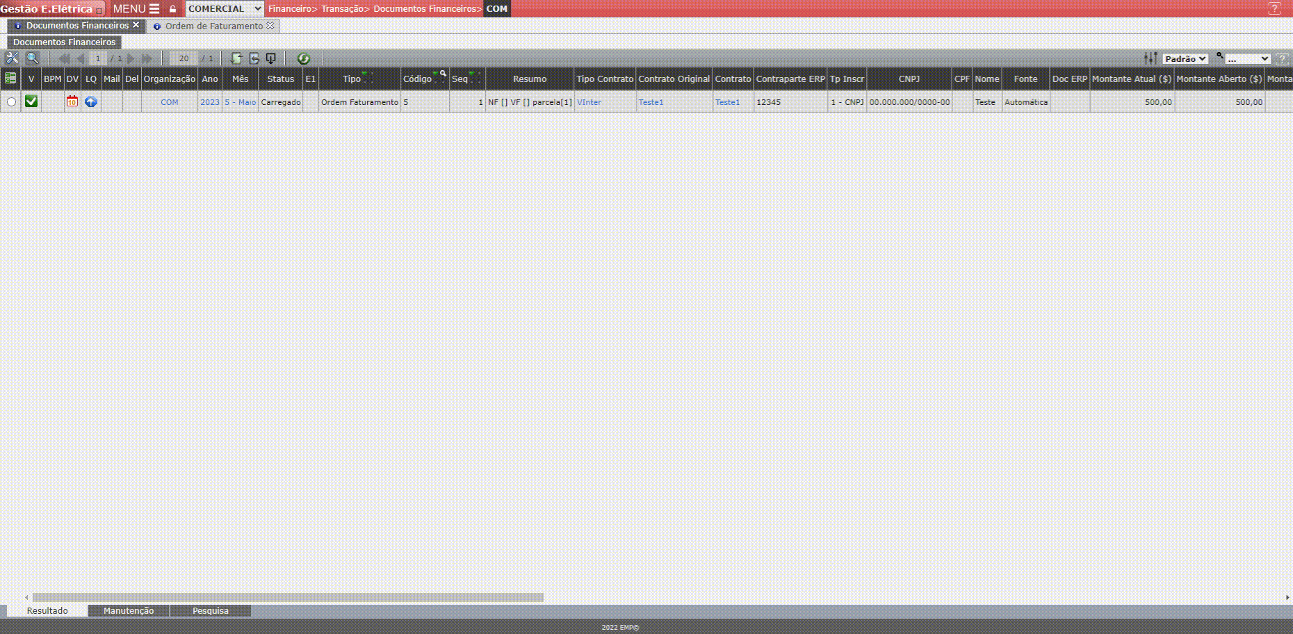 Documento Financeiro - Tipo Ordem de Faturamento