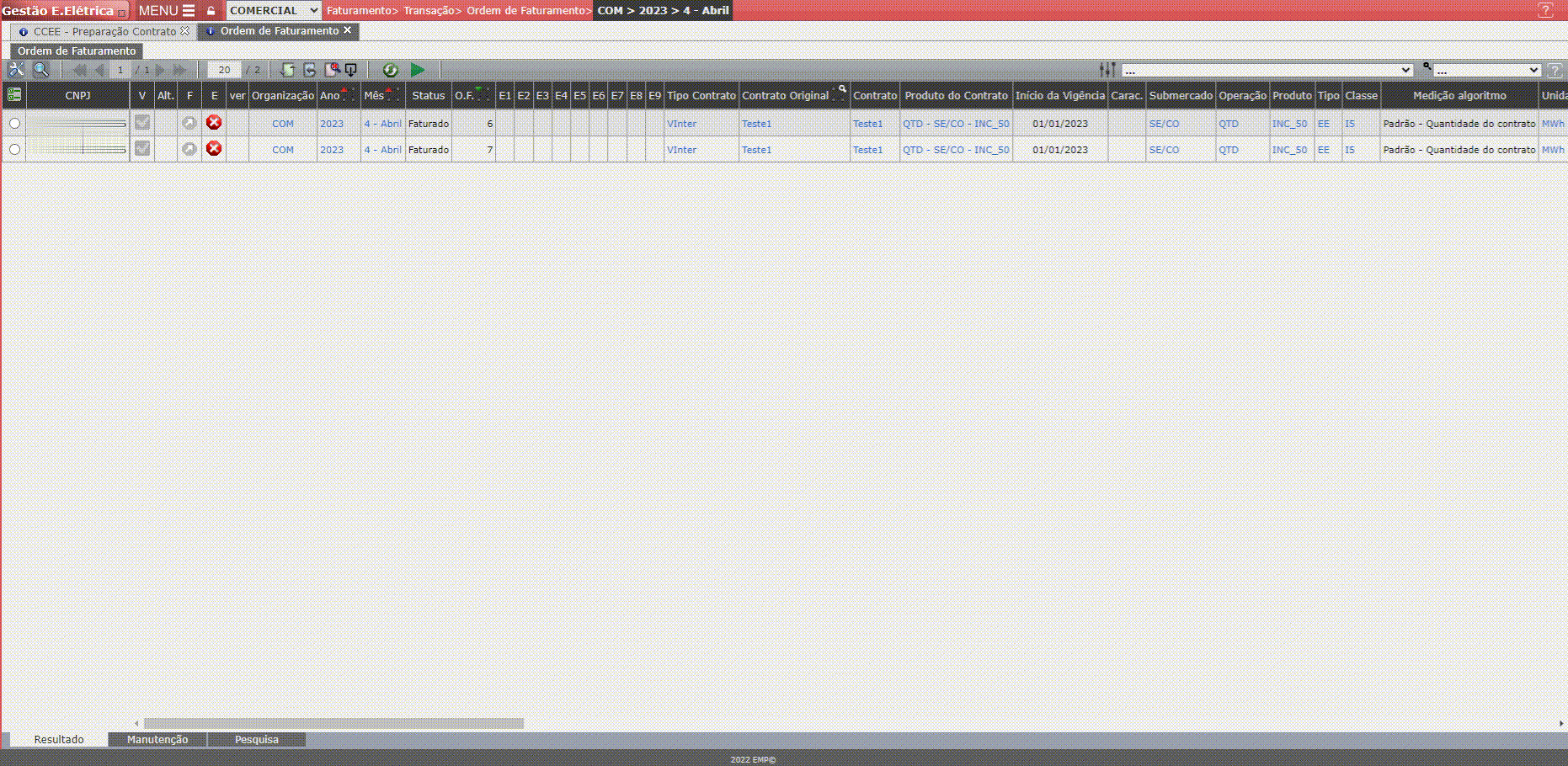 Registro de Contratos CCEE para a Mesma Unidade (CNPJ)