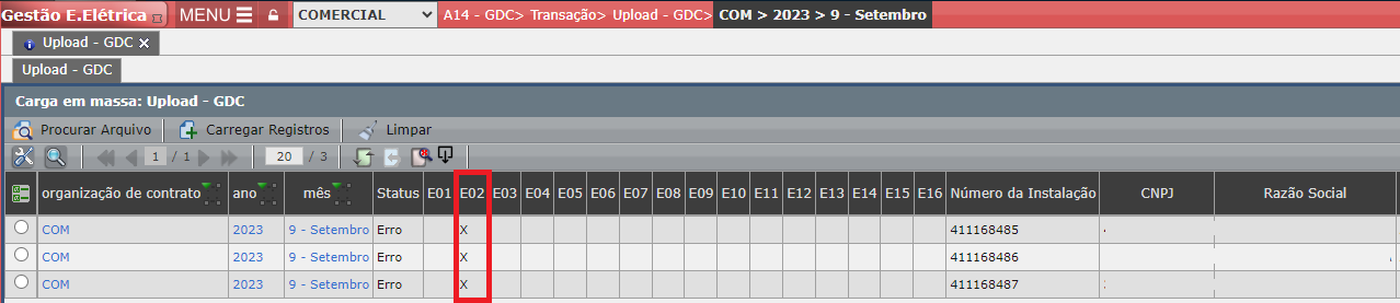 Erro E02: Org x Estab.
