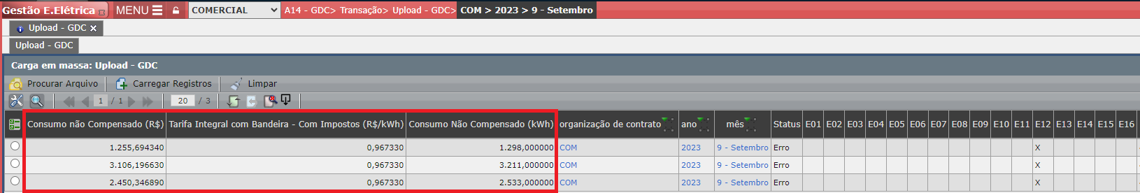 Erro E12: Consumo não compensado(R$)
