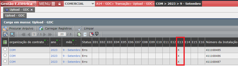 Erro E13: Custo Energia compensada (R$)