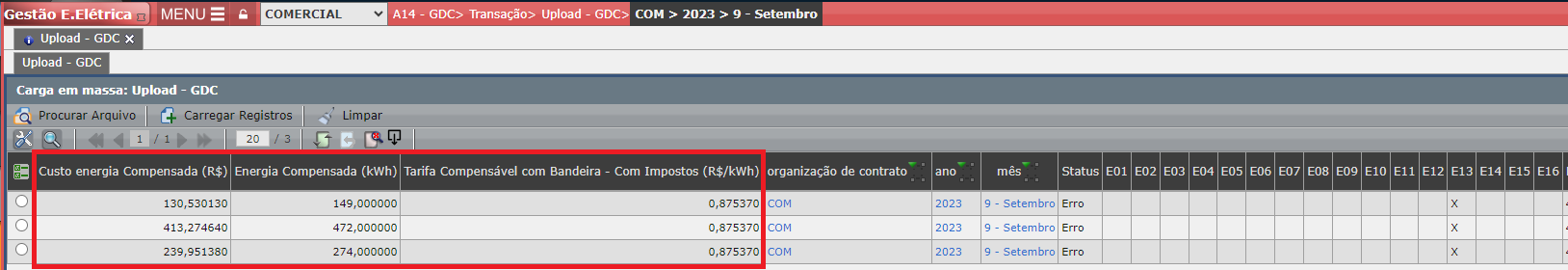 Erro E13: Custo Energia compensada (R$)