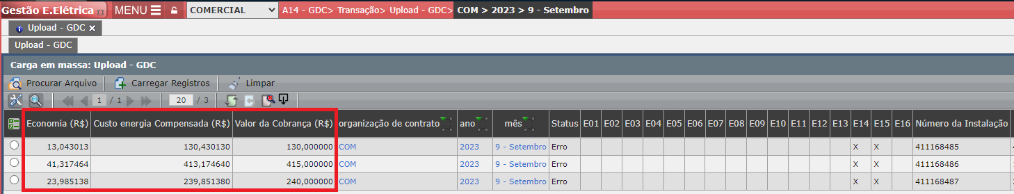 Erro E15: Economia(R$)