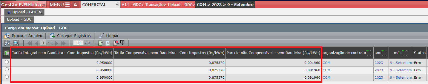 Erro E09: Tarifa Compensável
