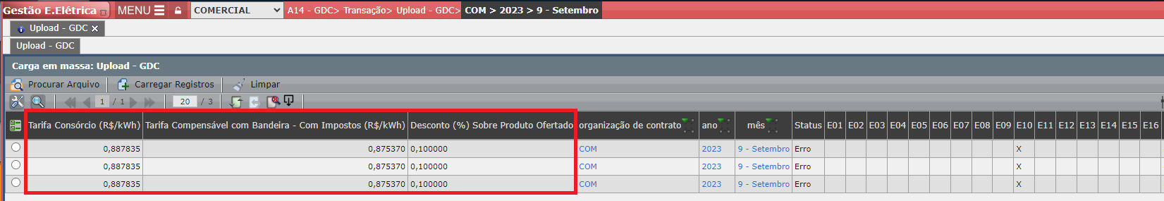 Erro E10: Tarifa Compensável