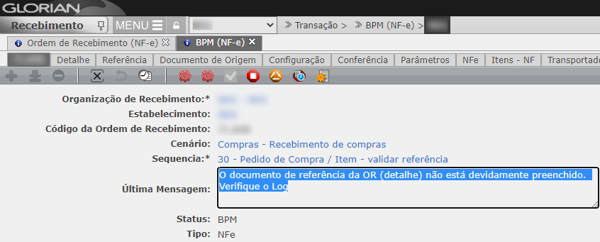 O documento de referência da OR (detalhe) não está devidamente preenchido.