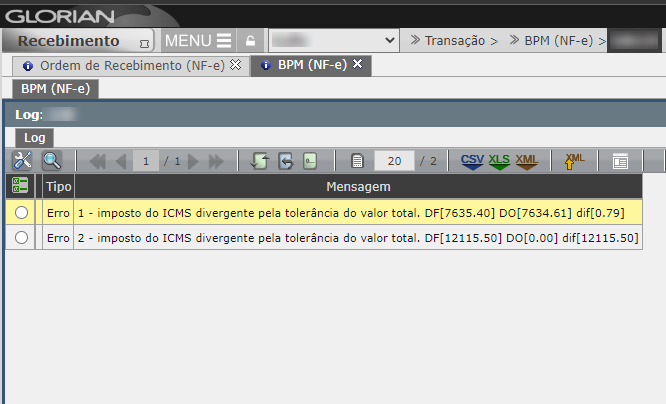 [Linha] [imposto] divergente pela tolerância do valor total. DF[xxxx.xx] DO[xxxx.xx] dif[x.xx]
