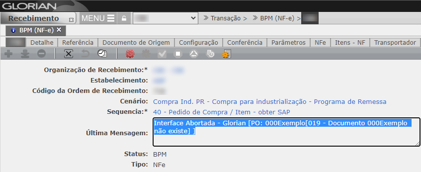 Interface Abortada - Glorian [PO: 000Exemplo[019 - Documento 000Exemplo não existe] ]

