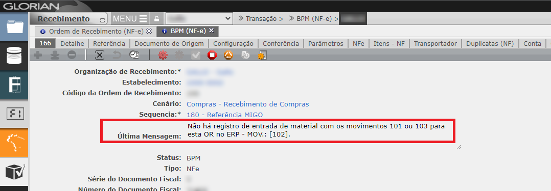Não há registro de entrada de material com os movimentos 101 ou 103 para esta OR no ERP
