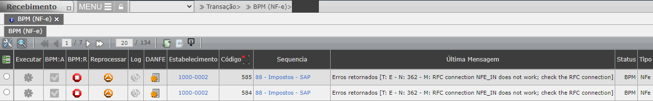 Erros retornados [T: E - N: 362 - M: RFC connection NFE_IN does not work; check the RFC connection]
