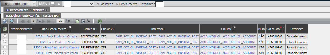 Determinação da conta contábil no Recebimento CT-e
