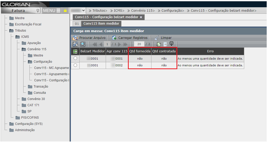 Validação da carga conv115 - Configuração belzart medidor

