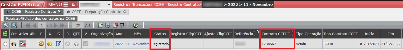 Registro do Contrato CCEE - Operação Venda