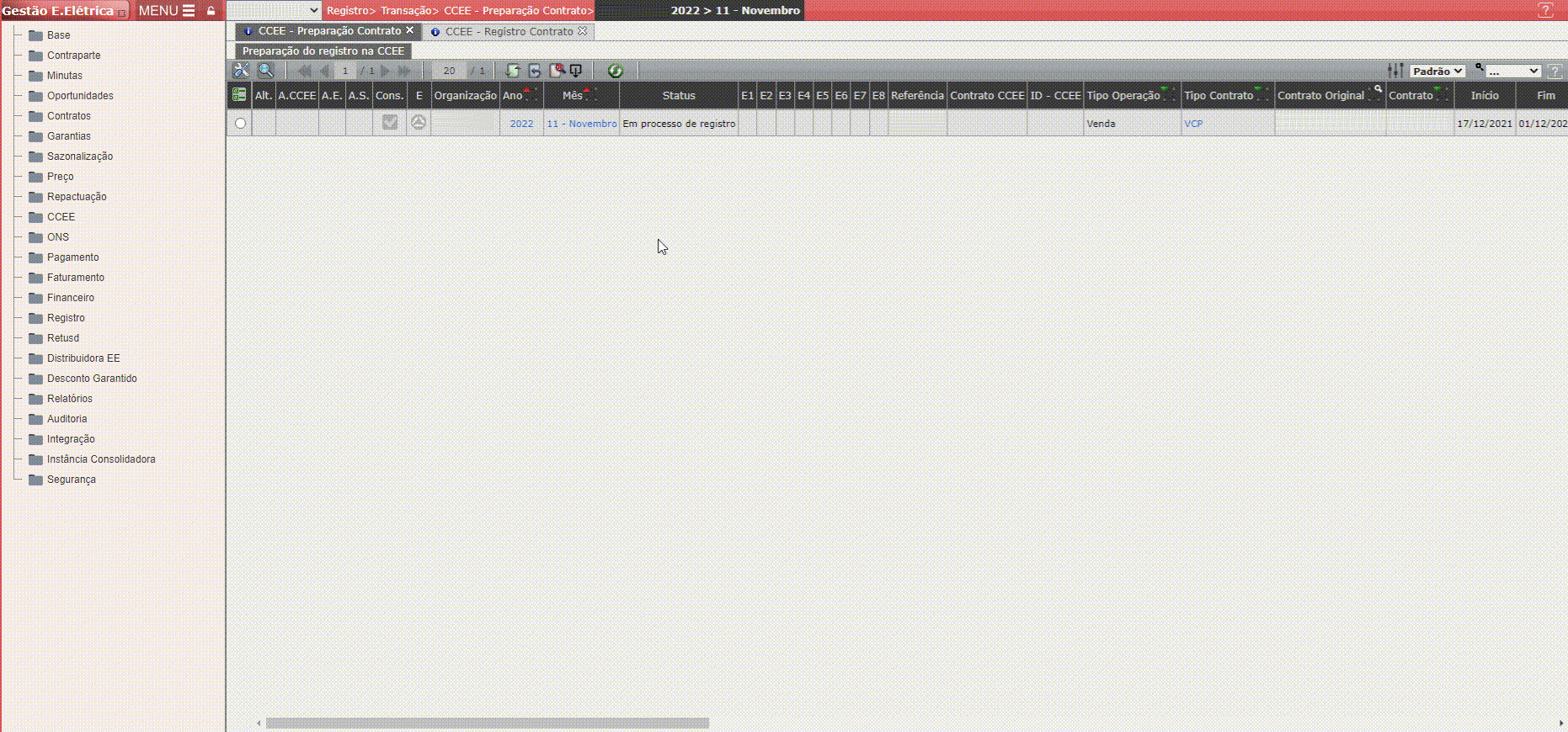 Registro do Contrato CCEE - Operação Venda