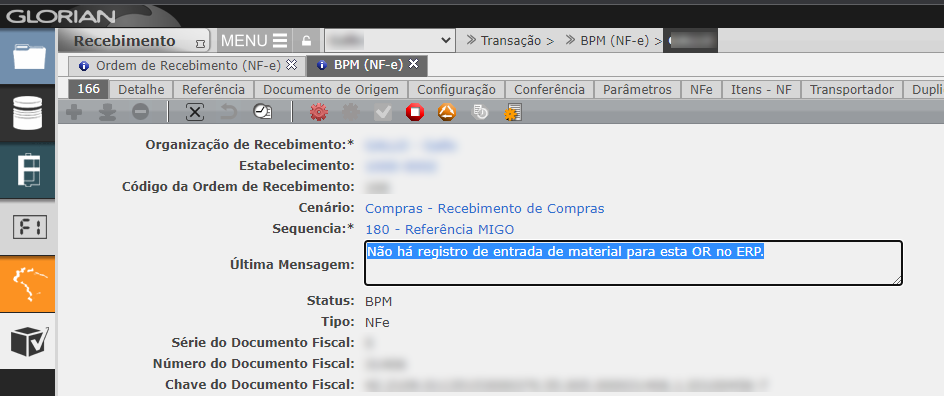 Não há registro de entrada de material para esta OR no ERP
