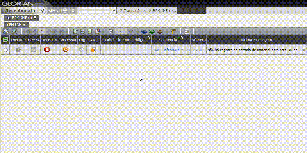 Não há registro de entrada de material para esta OR no ERP
