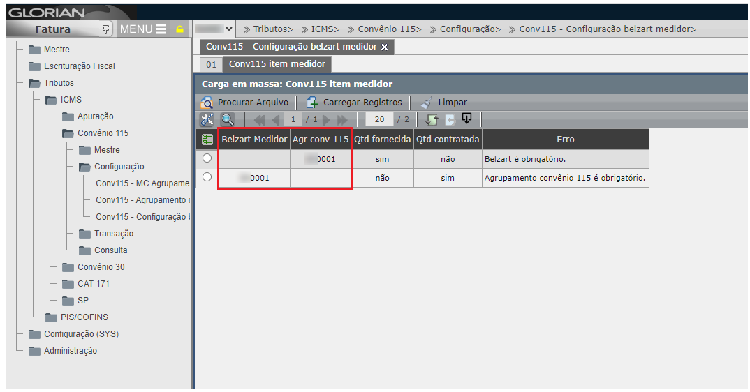 Validação da carga conv115 - Configuração belzart medidor
