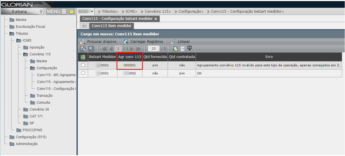 Validação da carga conv115 - Configuração belzart medidor

