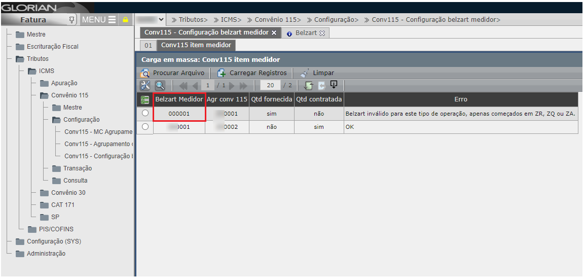 Validação da carga conv115 - Configuração belzart medidor
