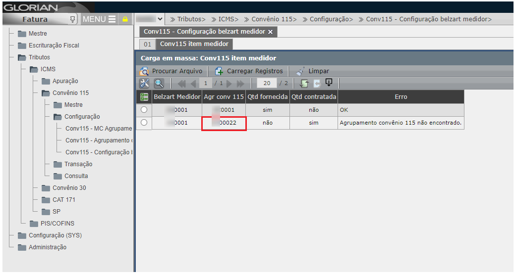 Validação da carga conv115 - Configuração belzart medidor
