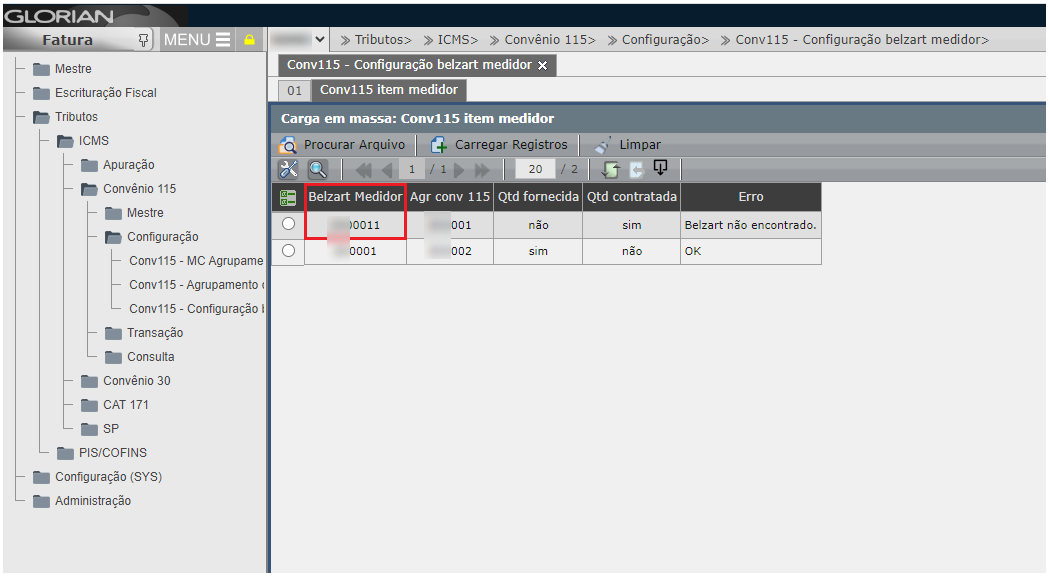 Validação da carga conv115 - Configuração belzart medidor
